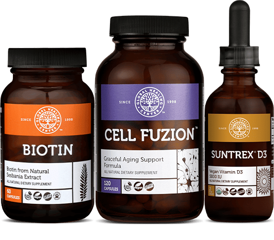 biotin bottle, cell fuzion cell, suntrex d3 bottle